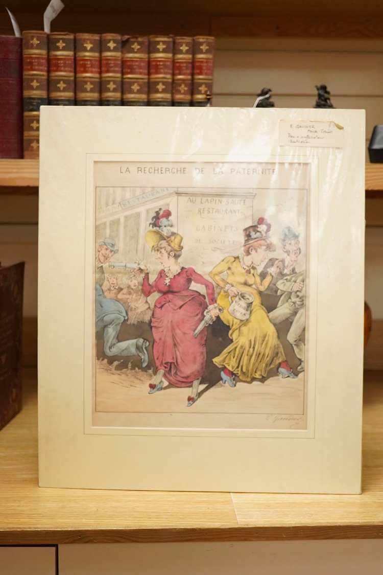 E. Gandier (French, 19th century), 'La Recherche de la Paternité, signed lower right, ink and watercolour, mounted, unframed, 36 x 29cm